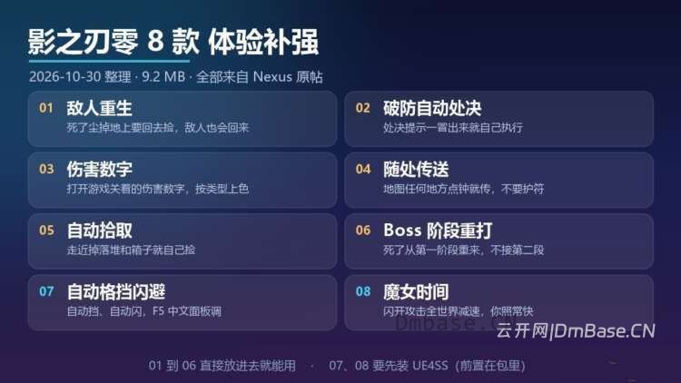 影之刃零8款补强MOD合集_破防自动处决+随处传送+魔女时间(附UE4SS前置)